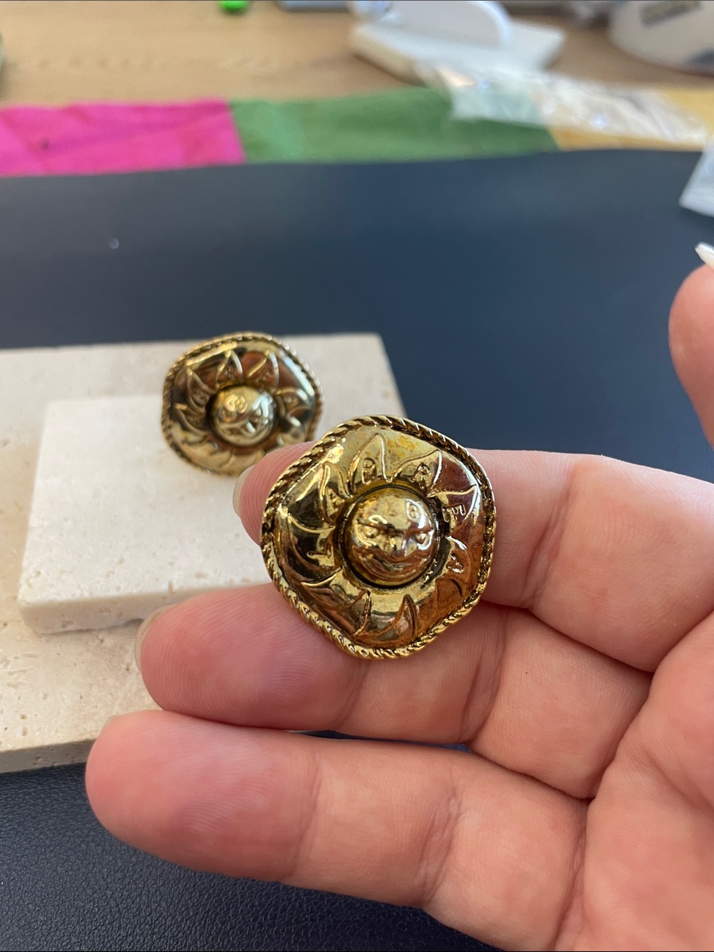 Vintage Gold Sunburst Clip On Earrings Sourced in Japan Statement Jewelry - Picture 3 of 4